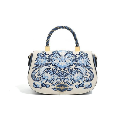 YOUTHRONE Designer Chinese-Inspired Leather Shoulder Bag – White Gold Phoenix Blossom with Bamboo Detail