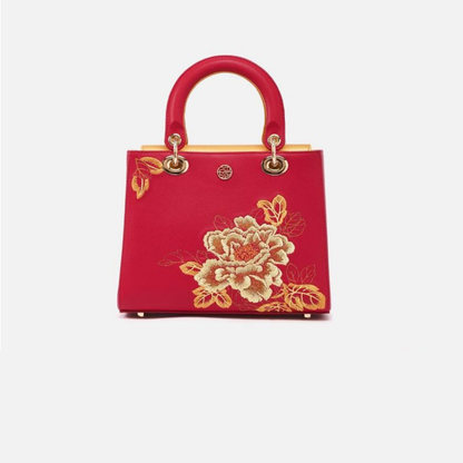 Tianxu Heritage-Inspired 'Peony Elegance' Genuine Leather Embroidered Handbag – Chinese Style Qipao & Diana Bag for Women