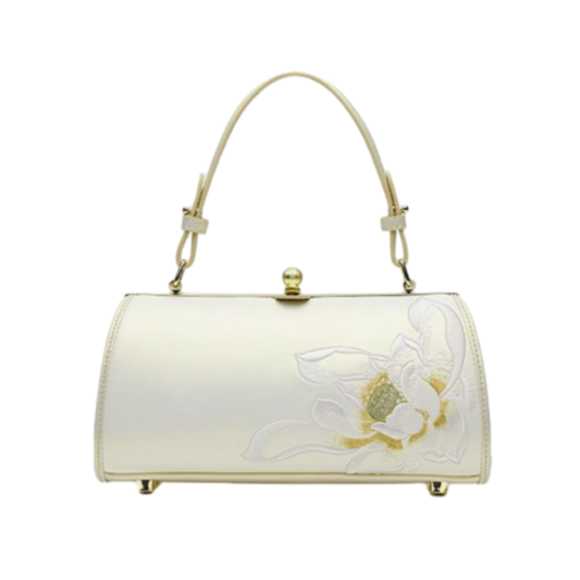 Tianxu Heritage-Inspired 'Love Lotus' Embroidered Leather Shoulder Bag – Chinese Style, Perfect for Qipao & Hanfu