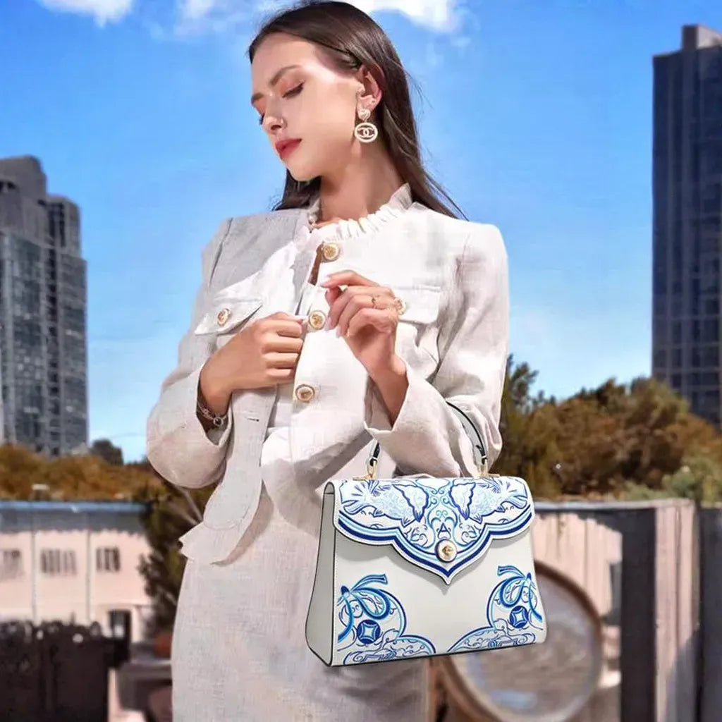 Youthrone Luxury White Handbag – Handcrafted Chinese Blue and White Porcelain Embroidery Shoulder Bag