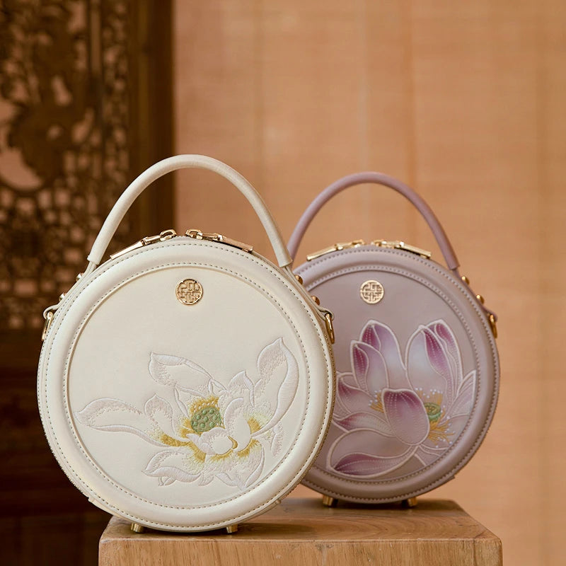 Tianxu Valentine's Day Gift – Leather Embroidered Chinese Style Qipao & Hanfu Round Crossbody Bag – Elegant & Versatile