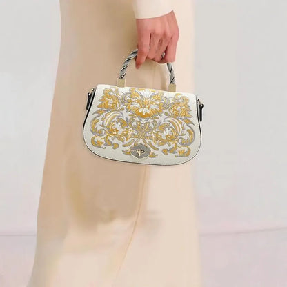 YOUTHRONE Designer Chinese-Inspired Leather Shoulder Bag – White Gold Phoenix Blossom with Bamboo Detail