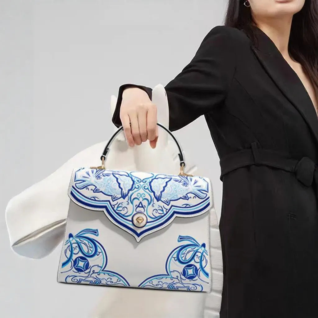 Youthrone Luxury White Handbag – Handcrafted Chinese Blue and White Porcelain Embroidery Shoulder Bag