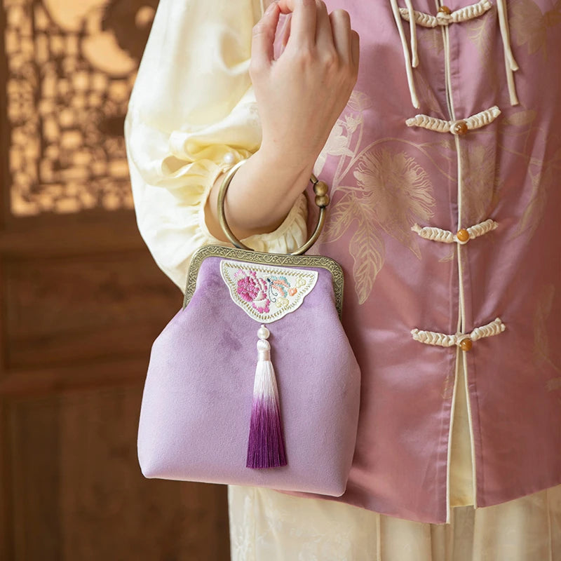 Tianxu Valentine's Day Gift – Velvet Embroidered Chinese Style Qipao & Hanfu Handbag – Elegant Shoulder & Crossbody Bag for Women