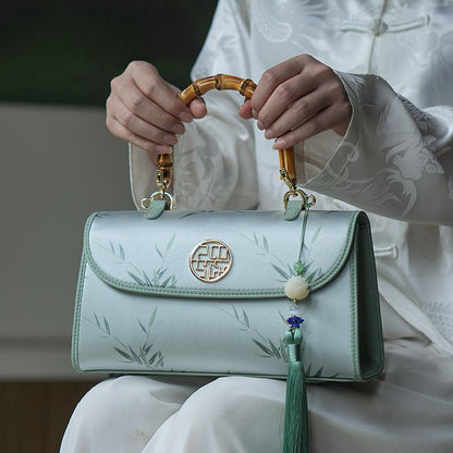 Tianxu Valentine's Day Gift – Heritage-Inspired Silk & Leather Bamboo Handle Crossbody & Shoulder Bag – Elegant Chinese Style