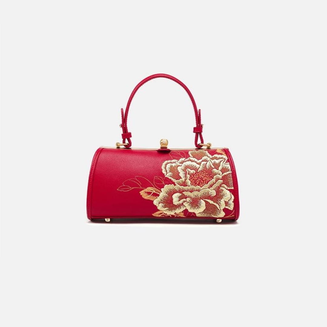 Tianxu Valentine's Day Gift – 'Peony Elegance' Embroidered Leather Handbag – Elegant Shoulder & Crossbody Bag for Women