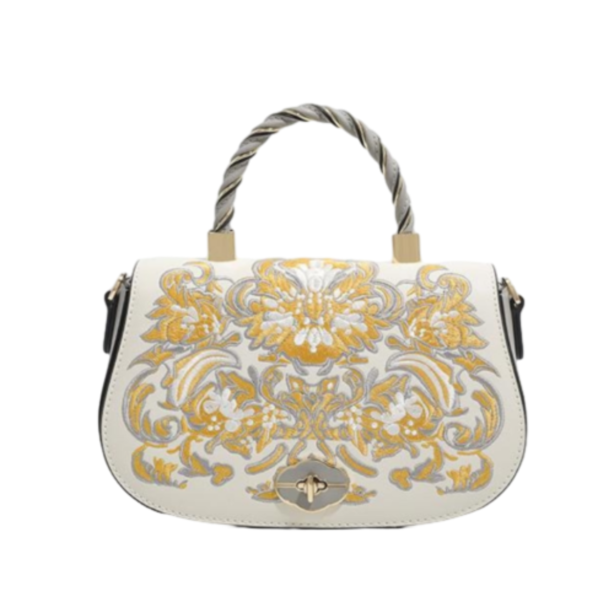 YOUTHRONE Designer Chinese-Inspired Leather Shoulder Bag – White Gold Phoenix Blossom with Bamboo Detail