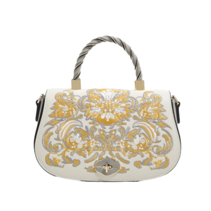 YOUTHRONE Designer Chinese-Inspired Leather Shoulder Bag – White Gold Phoenix Blossom with Bamboo Detail