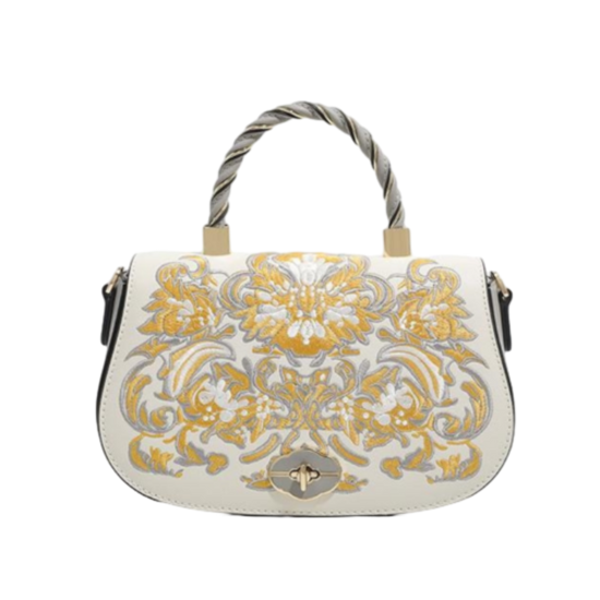 YOUTHRONE Designer Chinese-Inspired Leather Shoulder Bag – White Gold Phoenix Blossom with Bamboo Detail