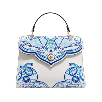 Youthrone Luxury White Handbag – Handcrafted Chinese Blue and White Porcelain Embroidery Shoulder Bag