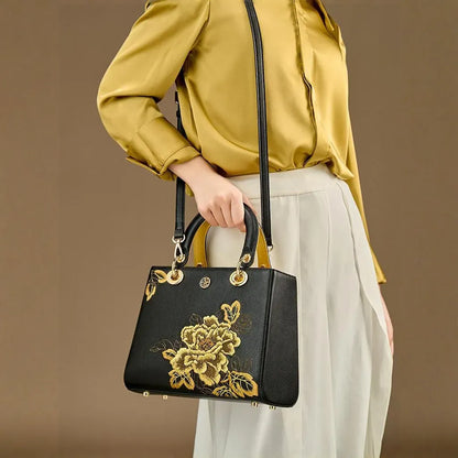 Tianxu Heritage-Inspired 'Peony Elegance' Genuine Leather Embroidered Handbag – Chinese Style Qipao & Diana Bag for Women