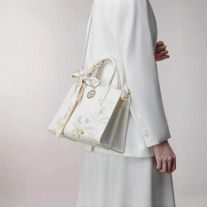 Tianxu Heritage-Inspired 'Magnolia Series' Leather Embroidered Tote & Shoulder Bag – Chinese Style, Elegant & Spacious