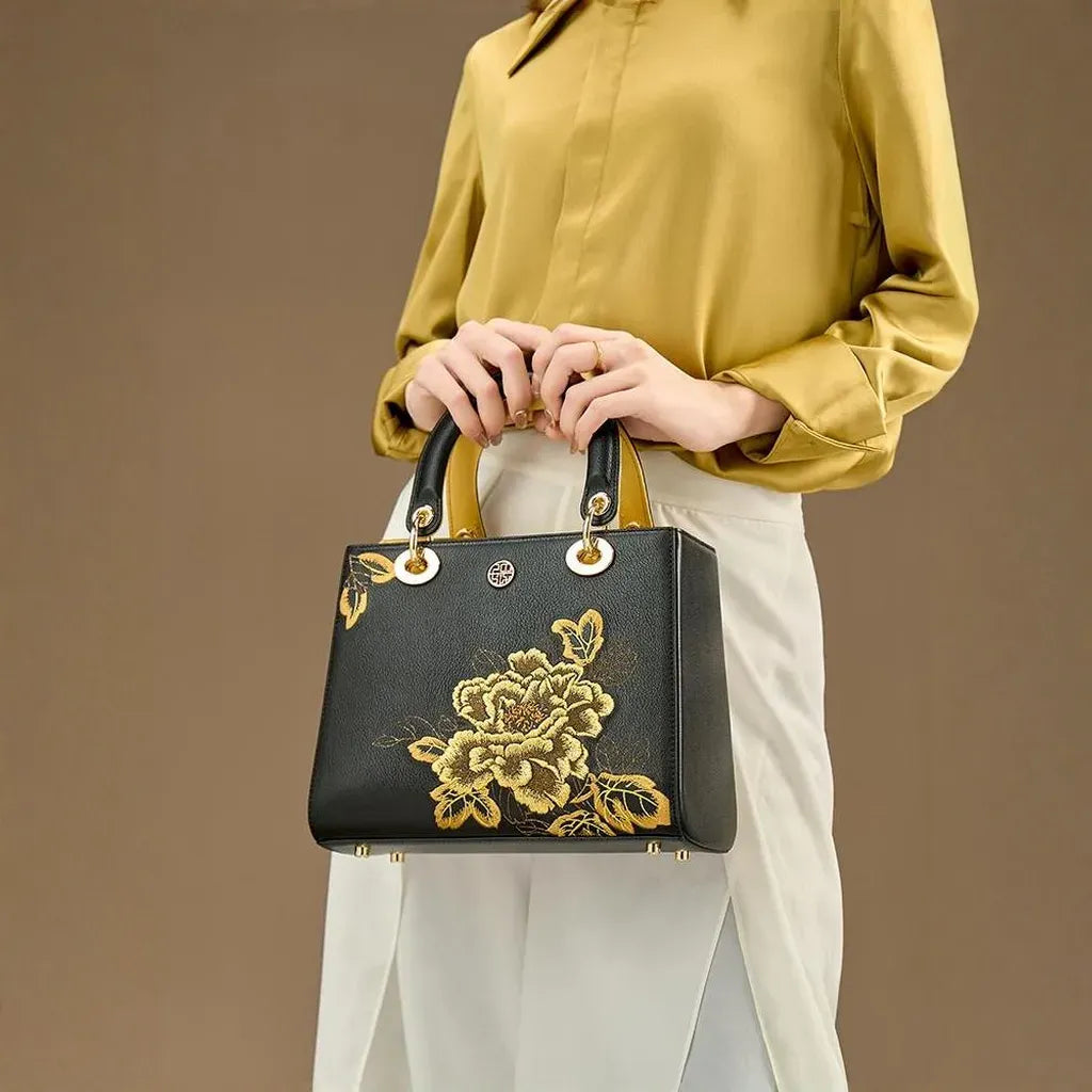 Tianxu Heritage-Inspired 'Peony Elegance' Genuine Leather Embroidered Handbag – Chinese Style Qipao & Diana Bag for Women