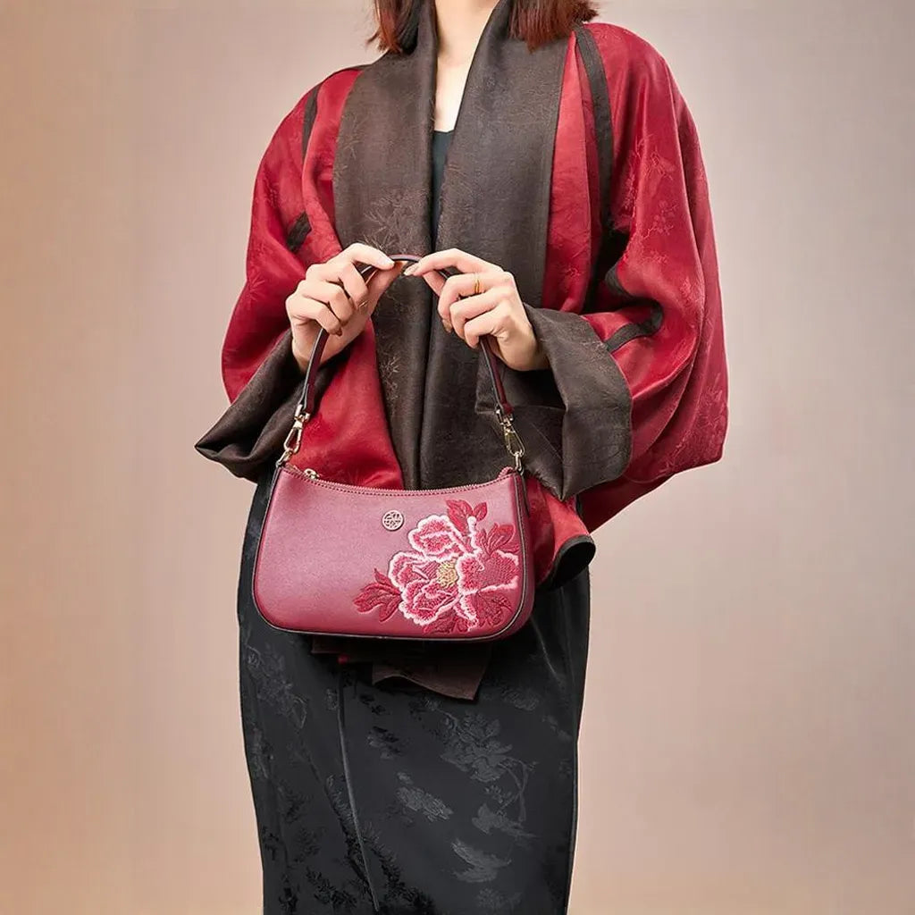 Tianxu Heritage-Inspired 'Peony Elegance' Embroidered Shoulder & Crossbody Bag – Chinese Style, Elegant & Compact